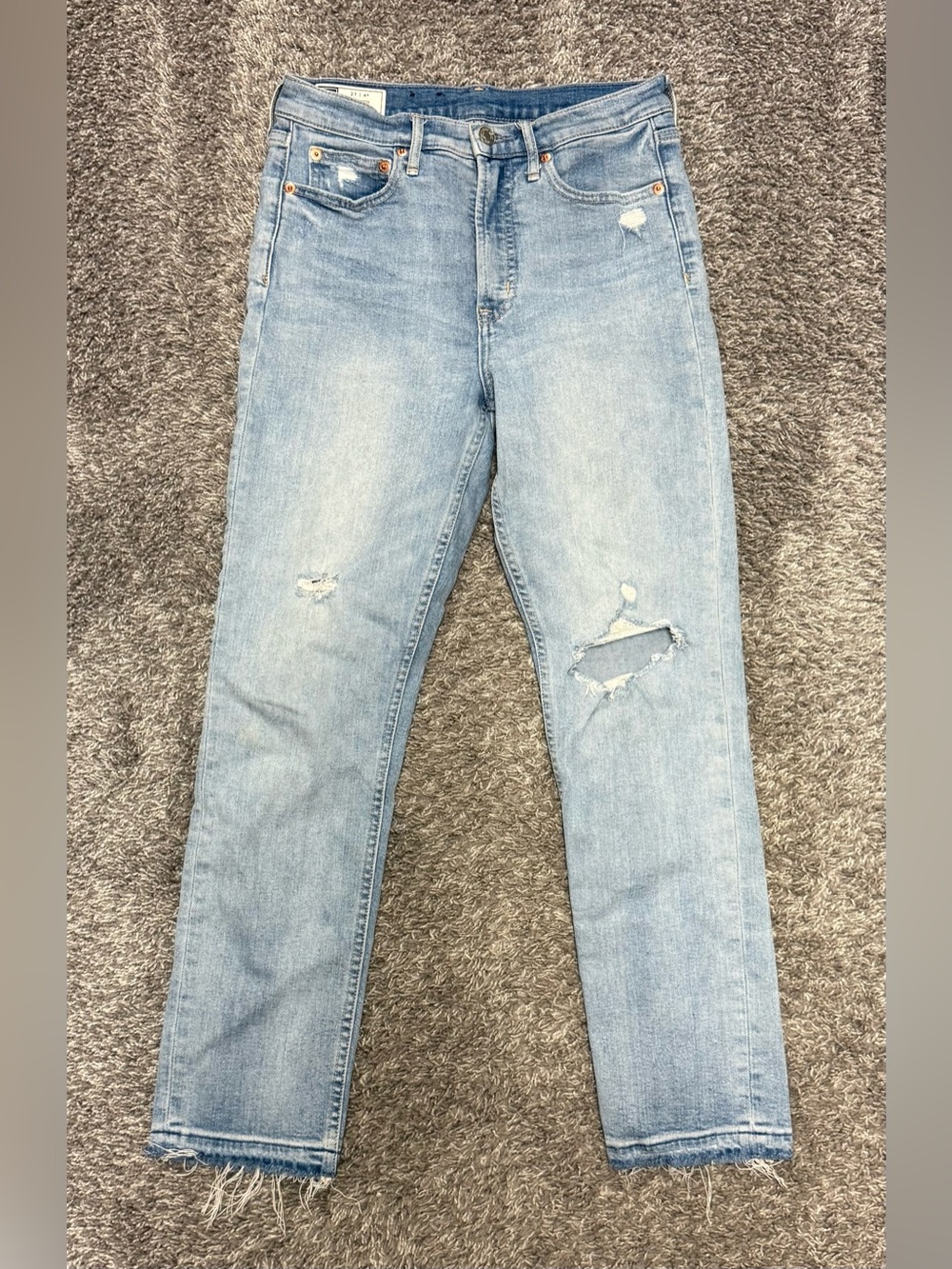 EUC Women’s High Rise Cigarette Jean, Distressed, Raw Hem, size 27/4r